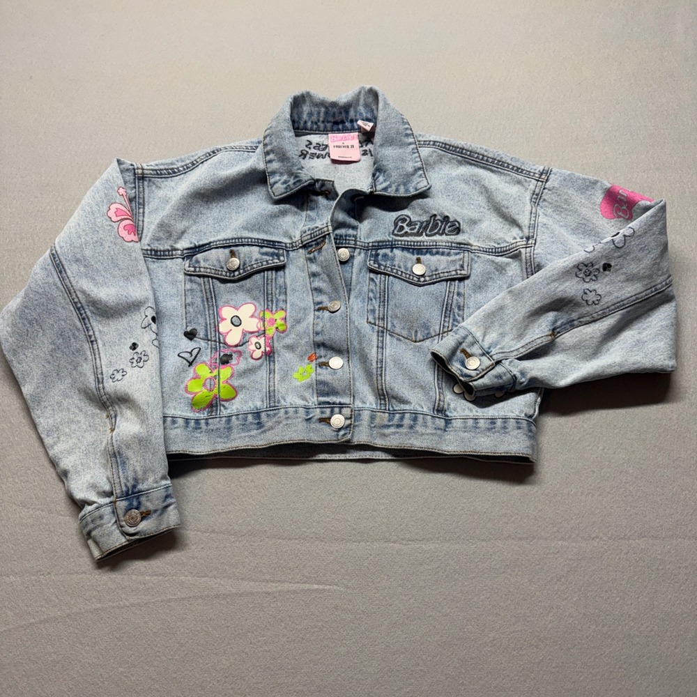 Barbie x Forever 21 Light Wash Cropped Denim Jacket Floral Graphic Blue Small